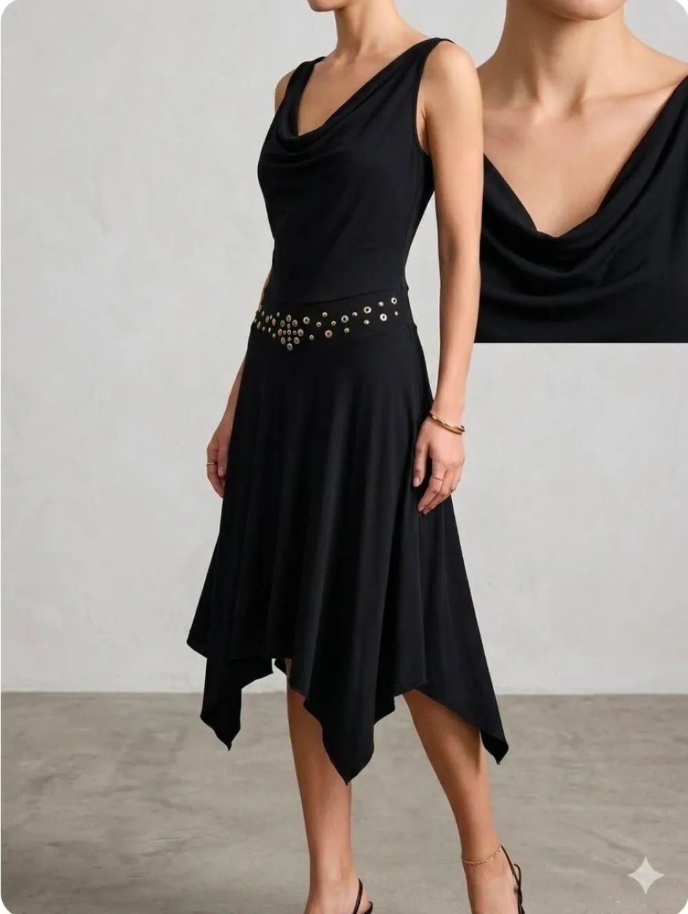 Vtg YS XL 90-s Elegant Black Slvless Cowl Neck Studded Waist Women's Dress USA